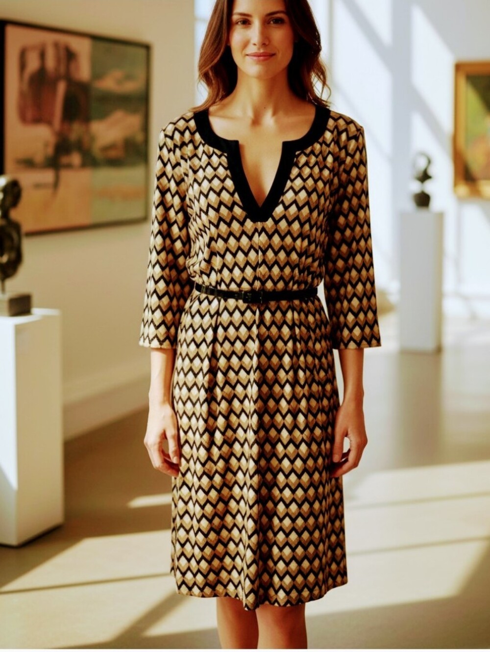 💕SALE💕 Emma & Michele Knee Length dress Abstract Print in Black Brown Tan  XL